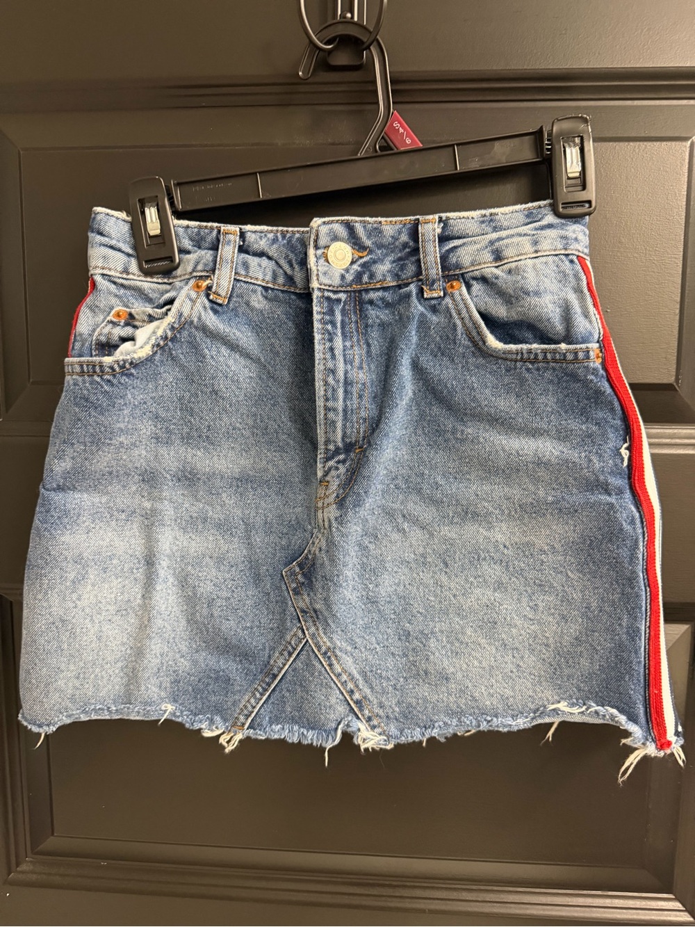 Topshop Moto Denim Mini Skirt Side Stripe Raw Hem Blue Jean Skirt Size 4